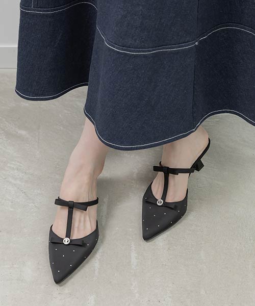 【26SS】ビジューリボンTストラップミュールパンプス