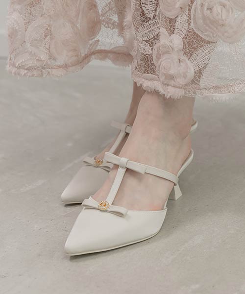 【26SS】ビジューリボンTストラップミュールパンプス