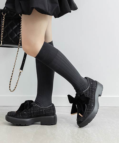 【SALE】ベロアリボンボリュームソールシューズ