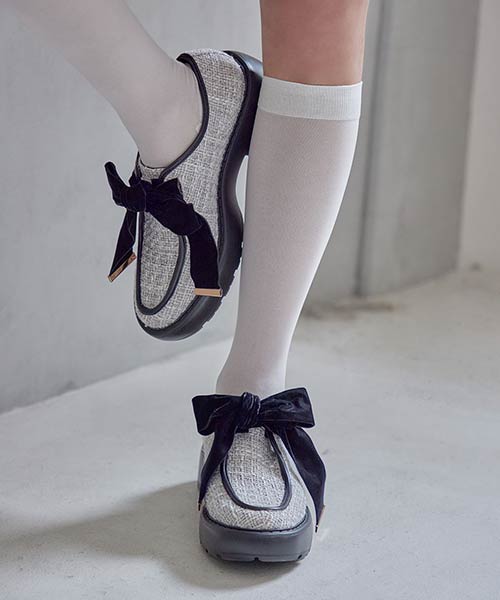 【SALE】ベロアリボンボリュームソールシューズ