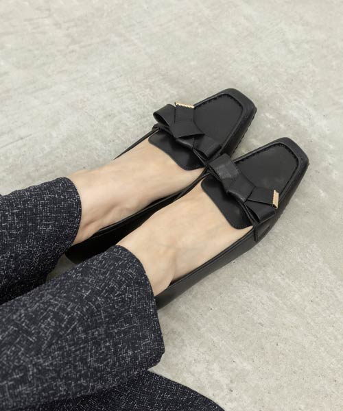 スクエアトゥリボンモカシンシューズ