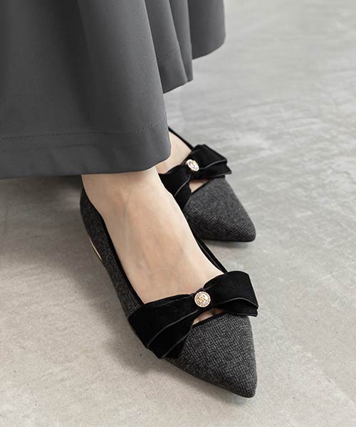 ベロアリボンクラシカルフラットパンプス