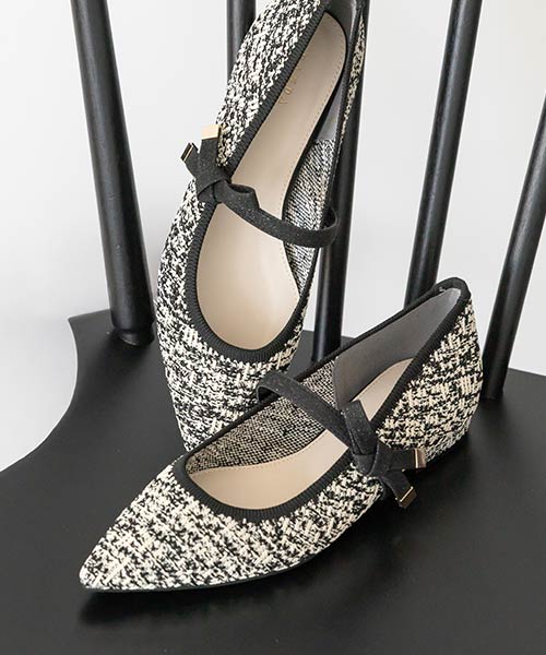 【SUSTAINABLE】リボンベルトニットフラットパンプス