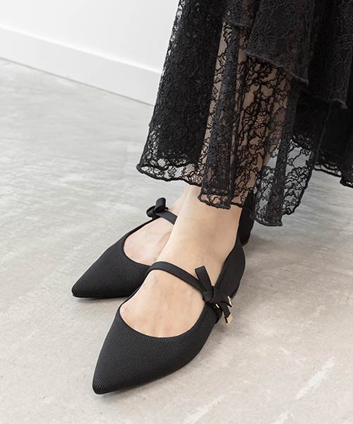 【SUSTAINABLE】リボンベルトニットフラットパンプス