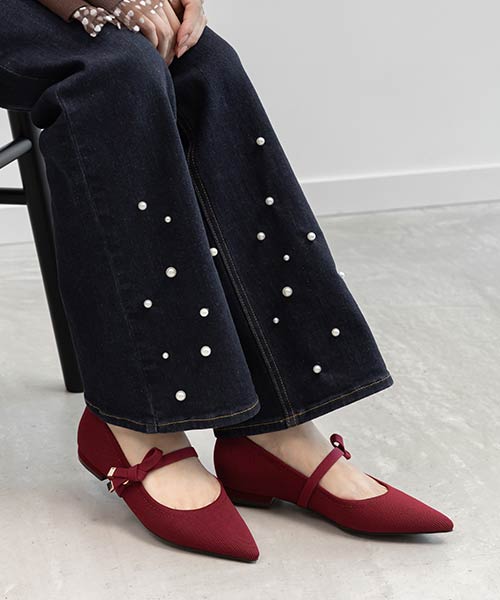 【SUSTAINABLE】リボンベルトニットフラットパンプス