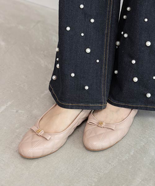 キルティングラウンドトゥフラットパンプス