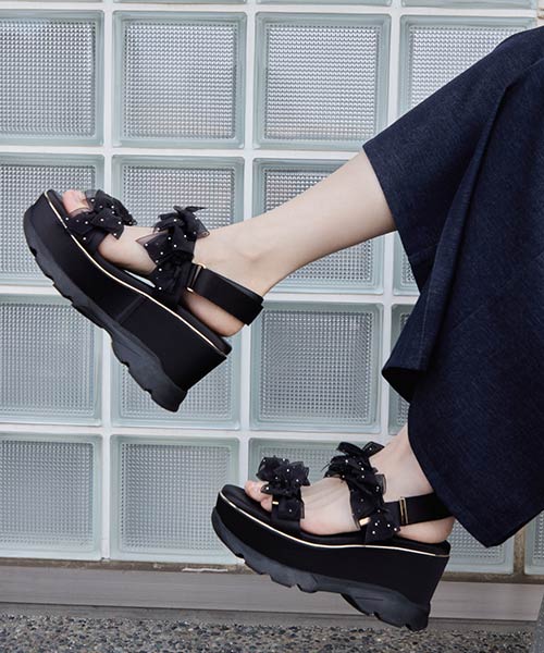 シアーミニリボンウェッジスポーツサンダル