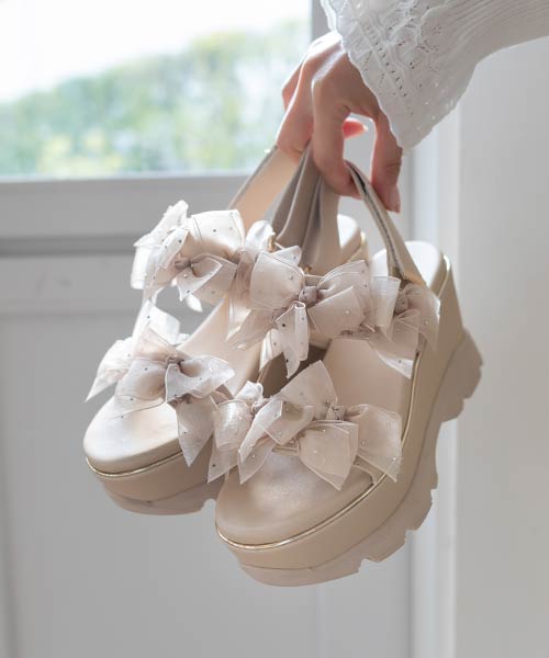 シアーミニリボンウェッジスポーツサンダル
