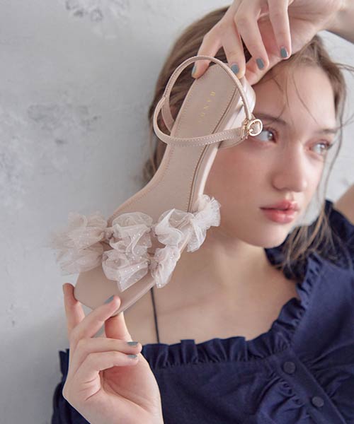 チュールリボンフラットストラップサンダル