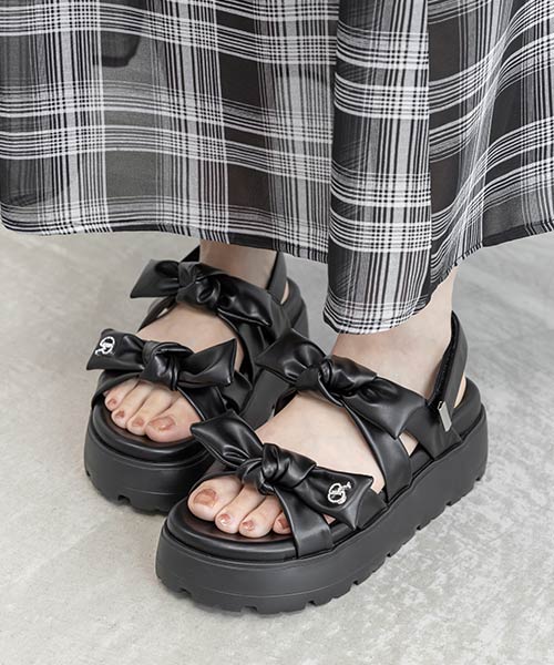 【SALE】ビジューモノグラムパーツリボンベルトサンダル