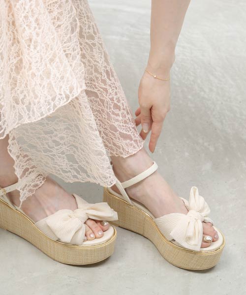 プリーツリボンデザインウェッジサンダル